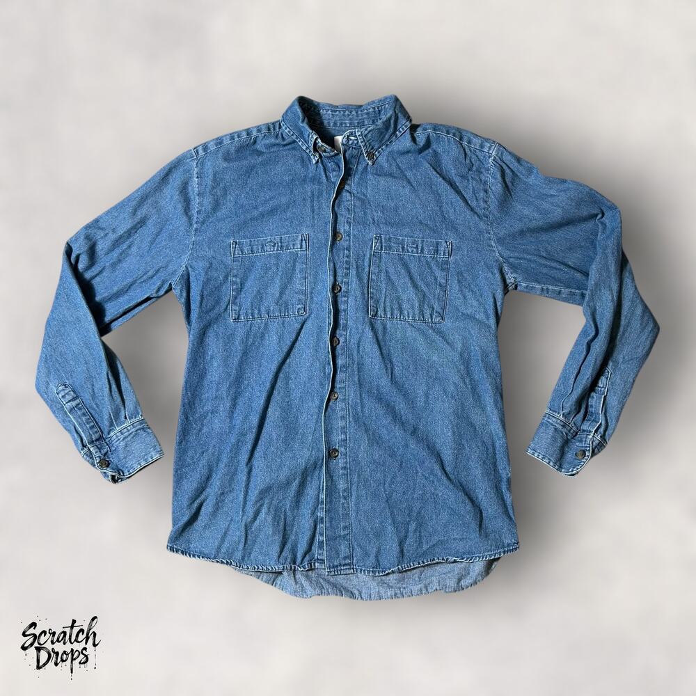 Open Trails Medium Denim Shirt Vintage 90s Long Sleeve Classic Blue Jean Top M02